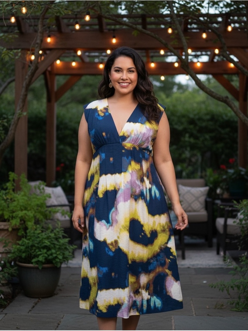 Chelsea 2B Womens 1X Abstract Watercolor Midi Dress Empire Waist NWT Plus Lined